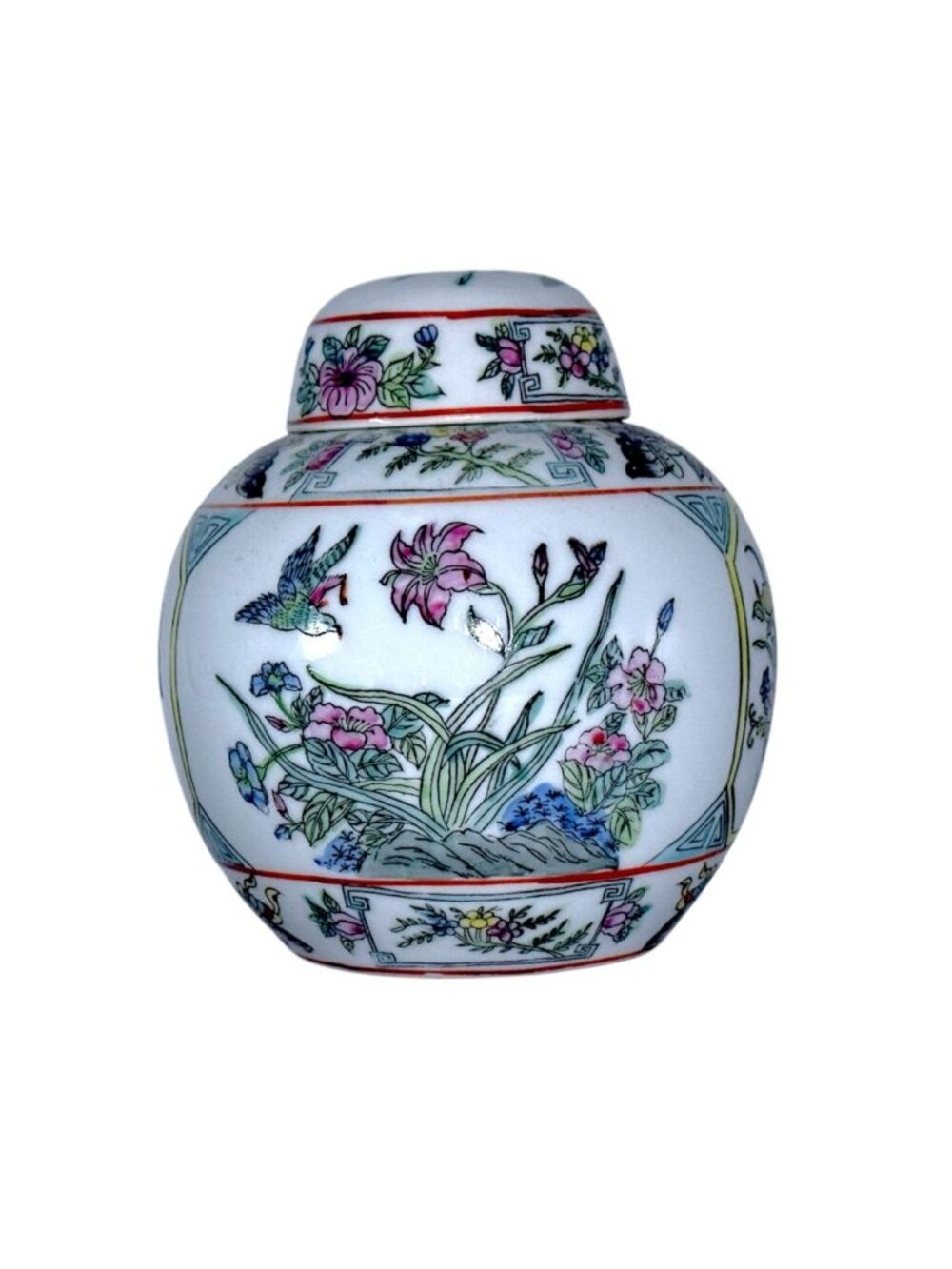 Vintage Hand-Painted Porcelain Ginger Jar Floral/Bird Lidded Vase Hong Kong